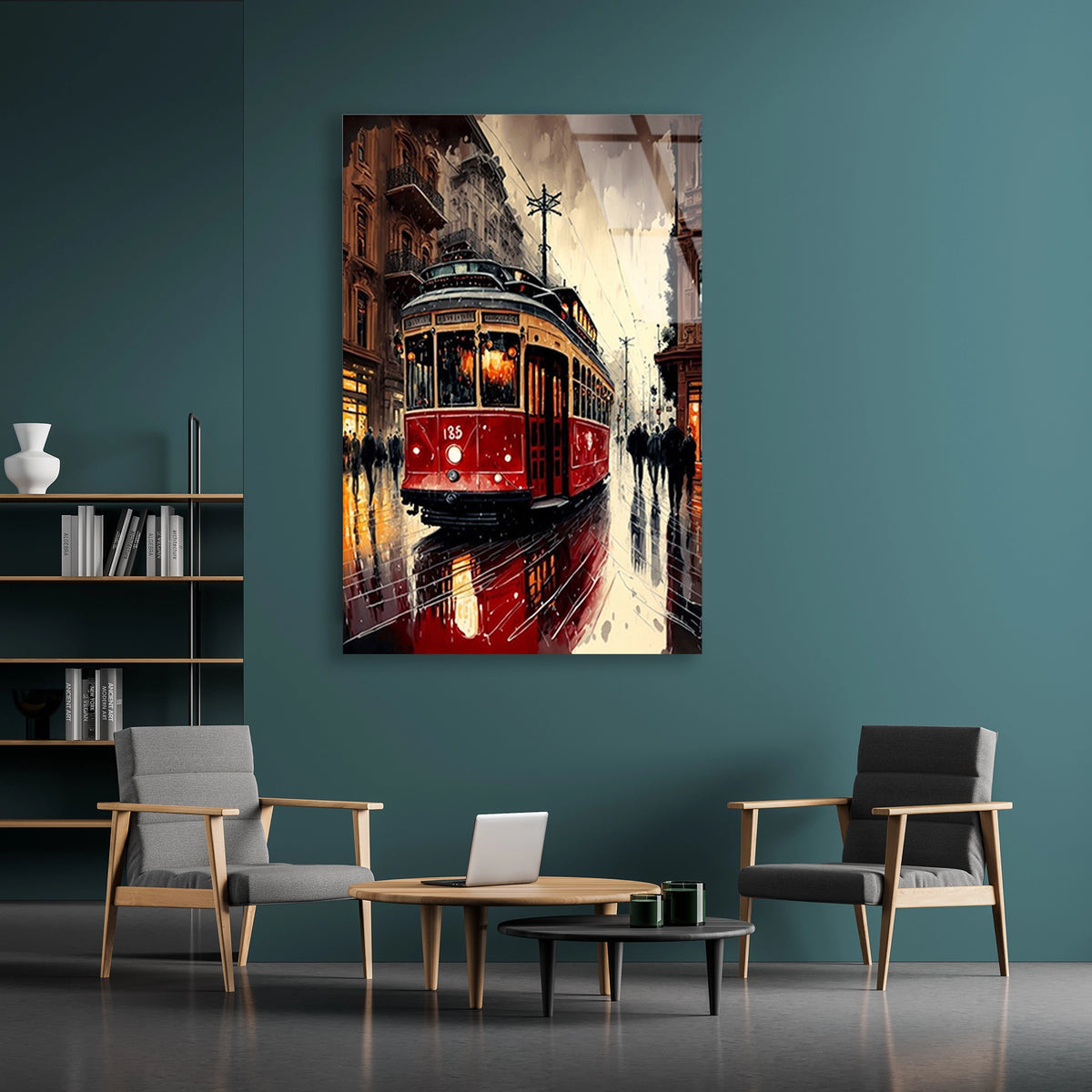 Kirmizi Tramvay Sehir Cam Tablo