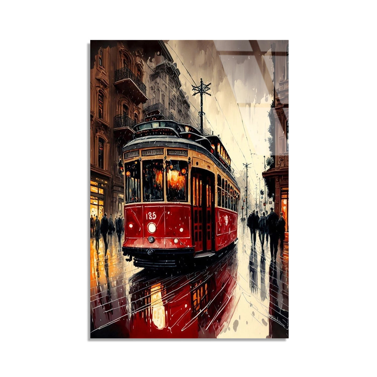 Kirmizi Tramvay Yagmurlu Sokak Cam Tablo