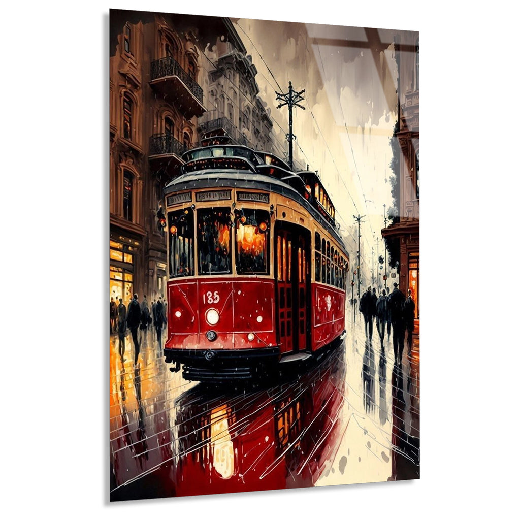 Kirmizi Tramvay Yagmurlu Sokak Cam Tablo