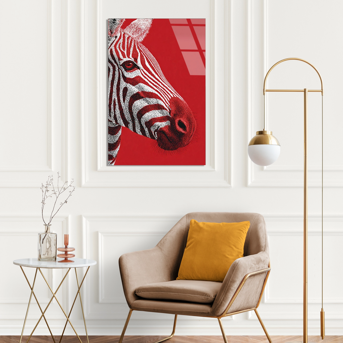 Kirmizi Zebra Portresi Cam Tablo