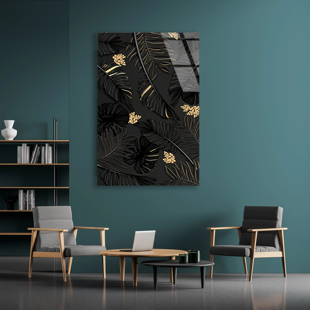 Koyu Tropik Yaprak Deseni Cam Tablo