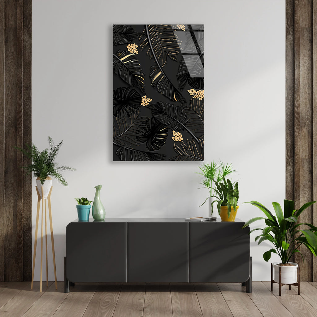 Koyu Tropik Yaprak Deseni Cam Tablo