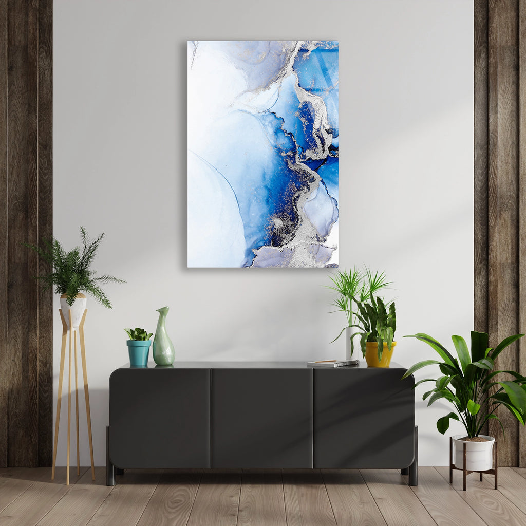 Mavi Mürekkep Mermer Cam Tablo
