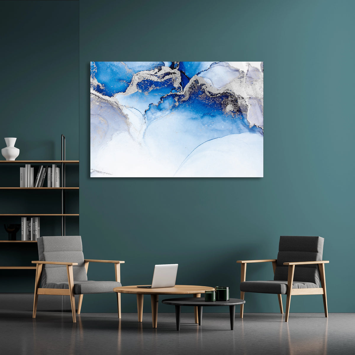 Mavi Mürekkep Mermer Cam Tablo