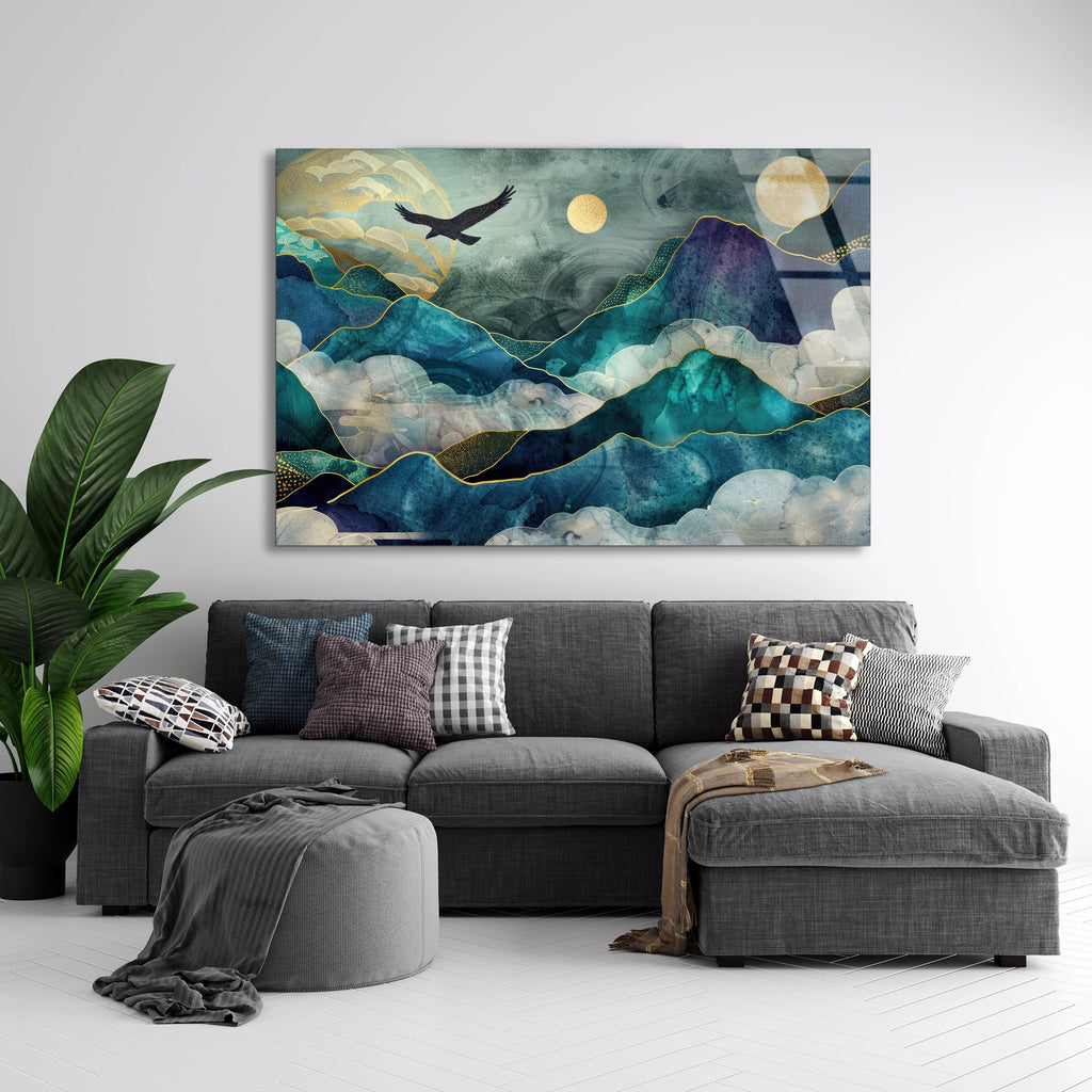 Minimal Dağ Manzarası Cam Tablo