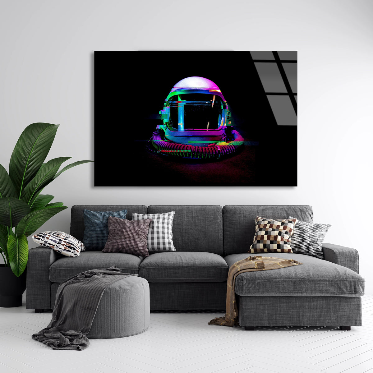 Neon Astronot Kaskı Cam Tablo