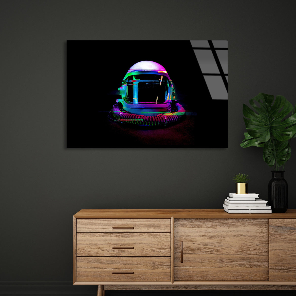 Neon Astronot Kaskı Cam Tablo