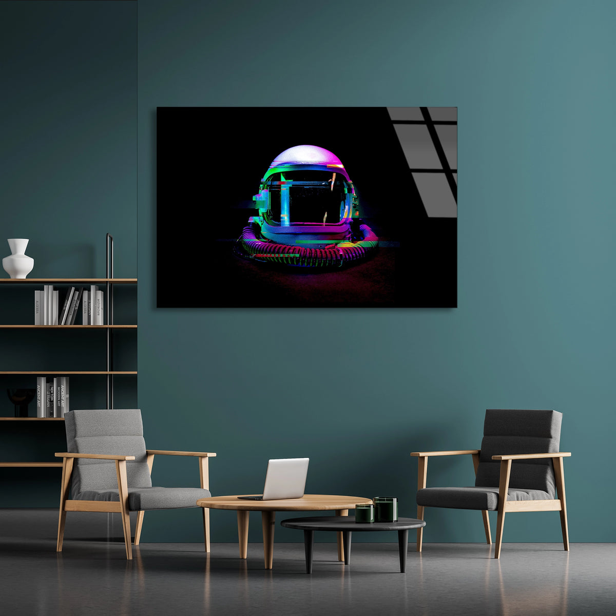 Neon Astronot Kaskı Cam Tablo