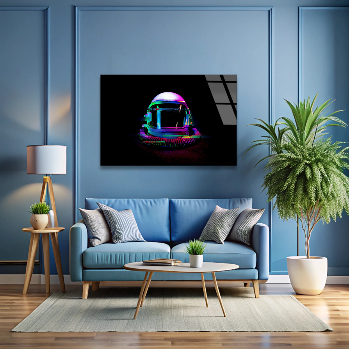 Neon Astronot Kaskı Cam Tablo