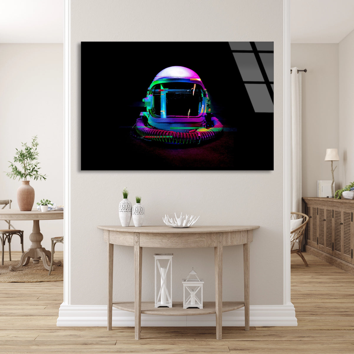 Neon Astronot Kaskı Cam Tablo