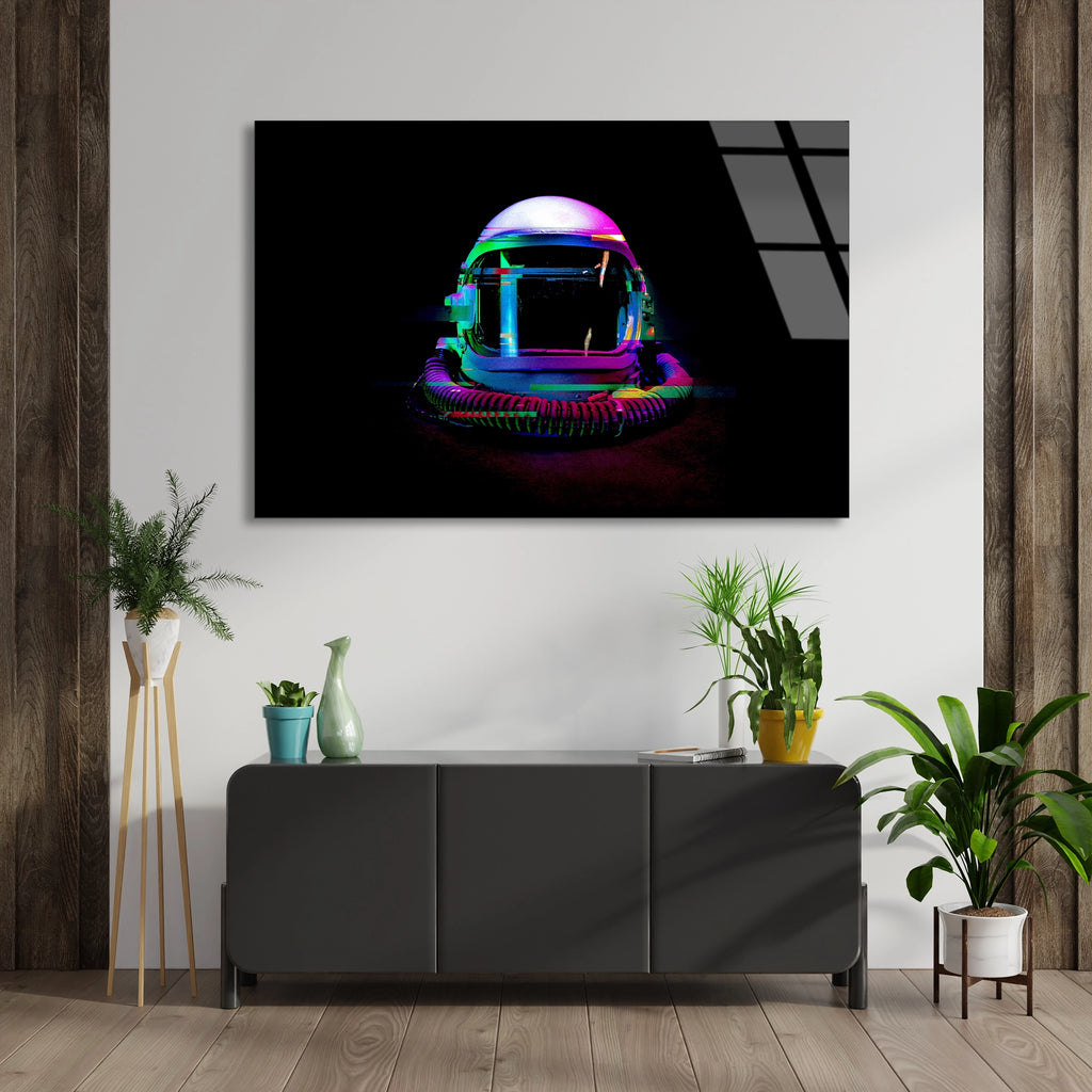 Neon Astronot Kaskı Cam Tablo
