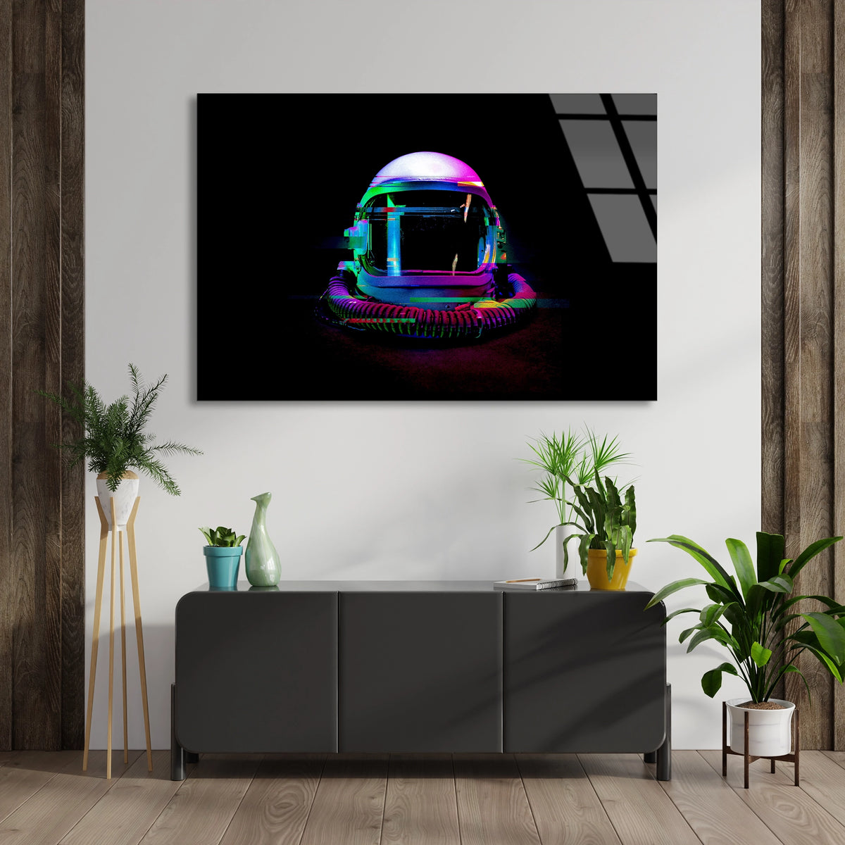 Neon Astronot Kaskı Cam Tablo