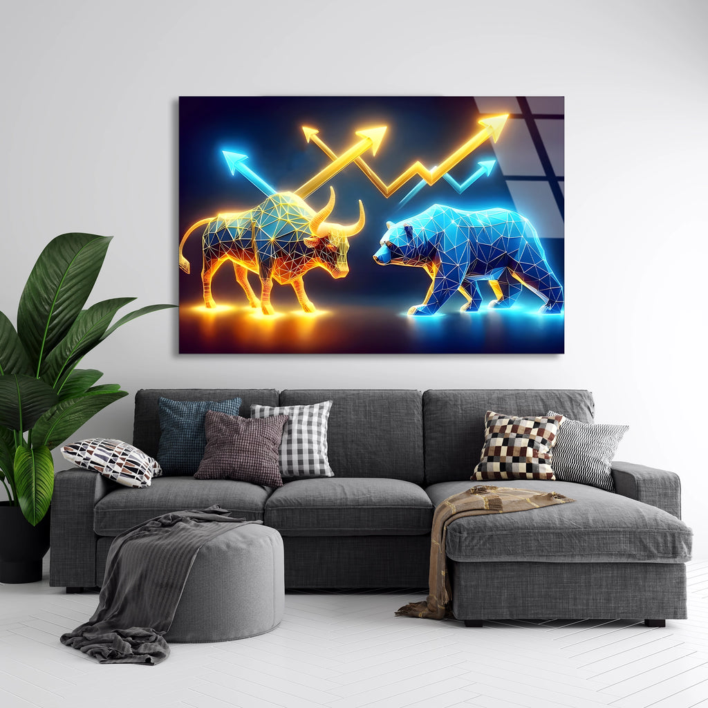 Neon Boğa Ayı Grafiği Cam Tablo