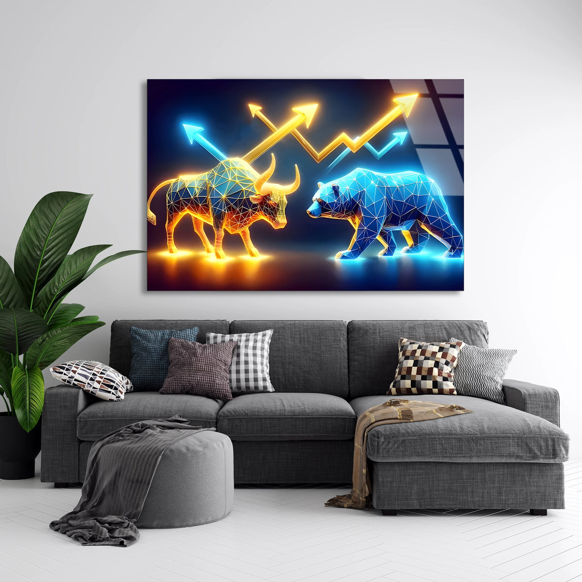 Neon Boğa Ayı Grafiği Cam Tablo
