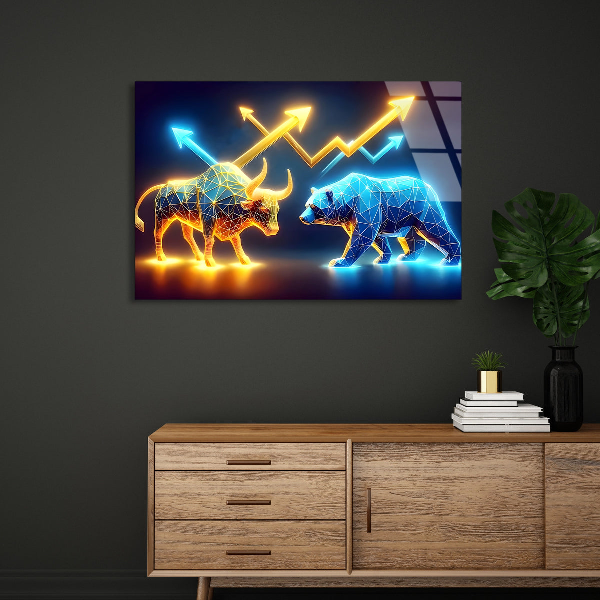 Neon Boğa Ayı Grafiği Cam Tablo
