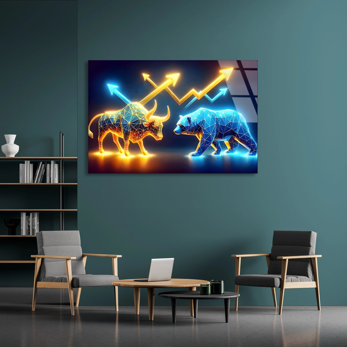 Neon Boğa Ayı Grafiği Cam Tablo