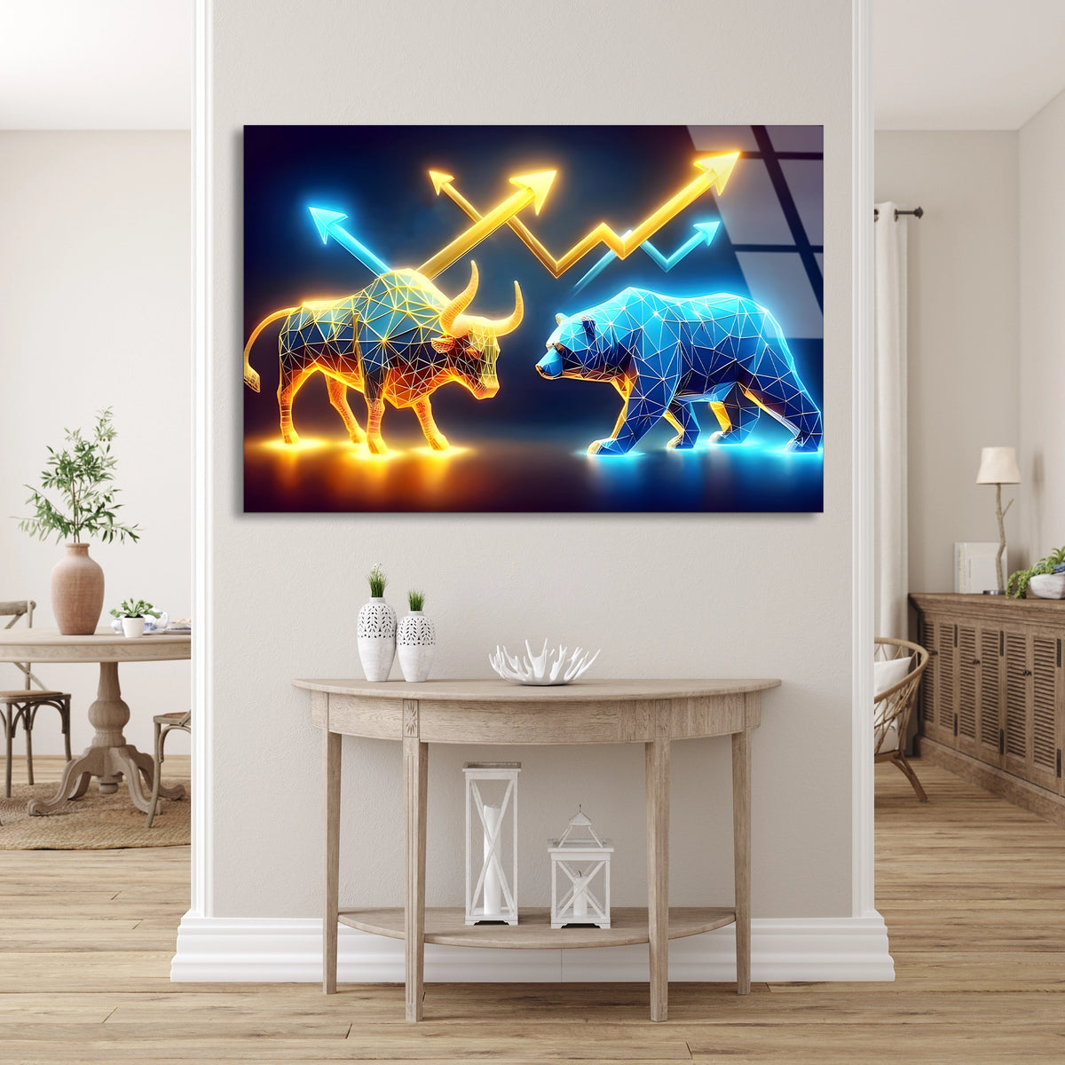 Neon Boğa Ayı Grafiği Cam Tablo