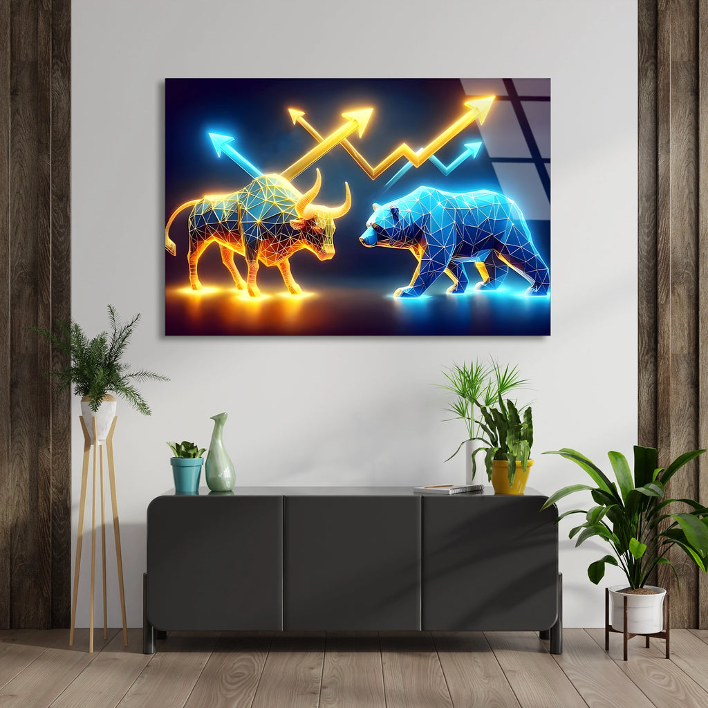 Neon Boğa Ayı Grafiği Cam Tablo