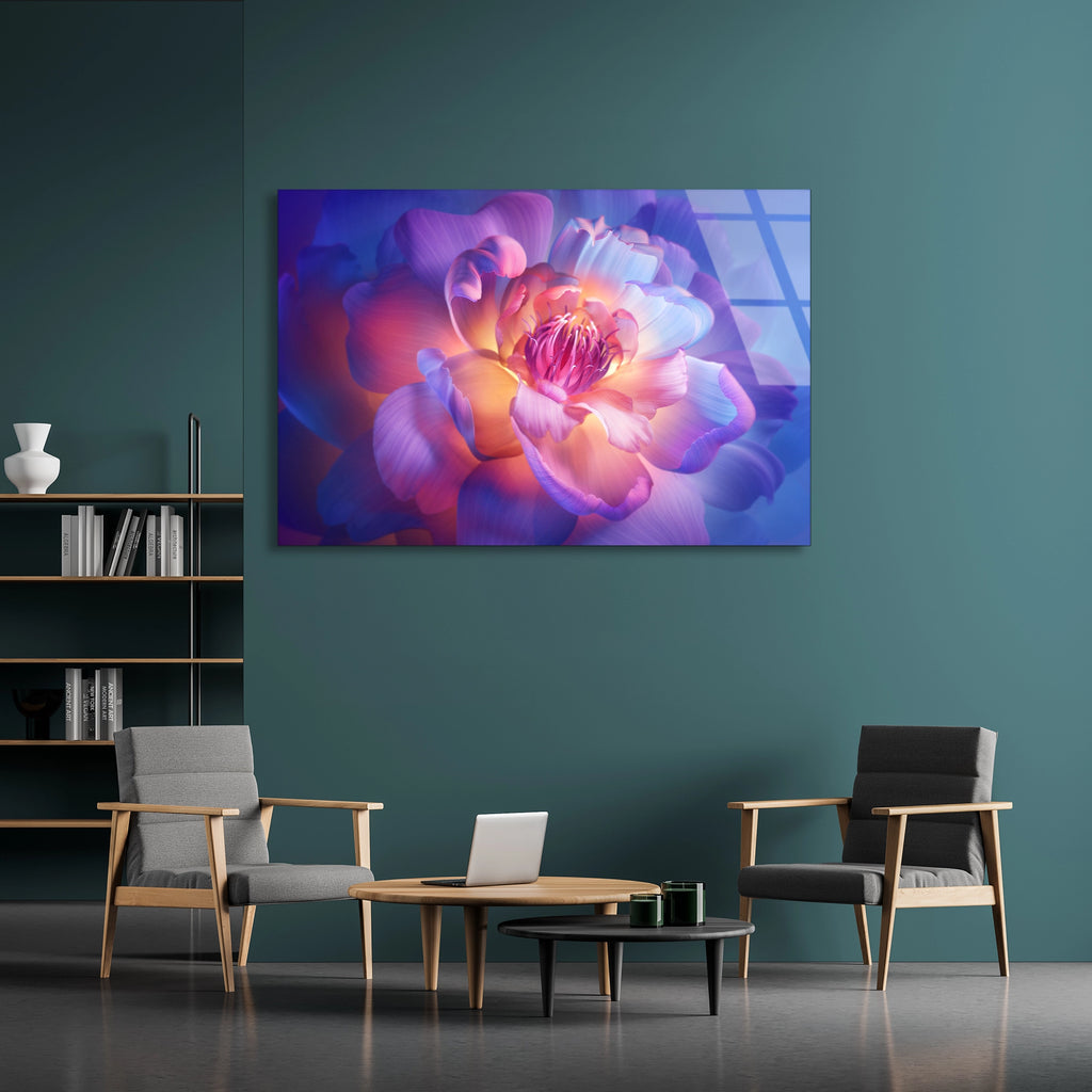 Neon Çiçek Açılımı Cam Tablo
