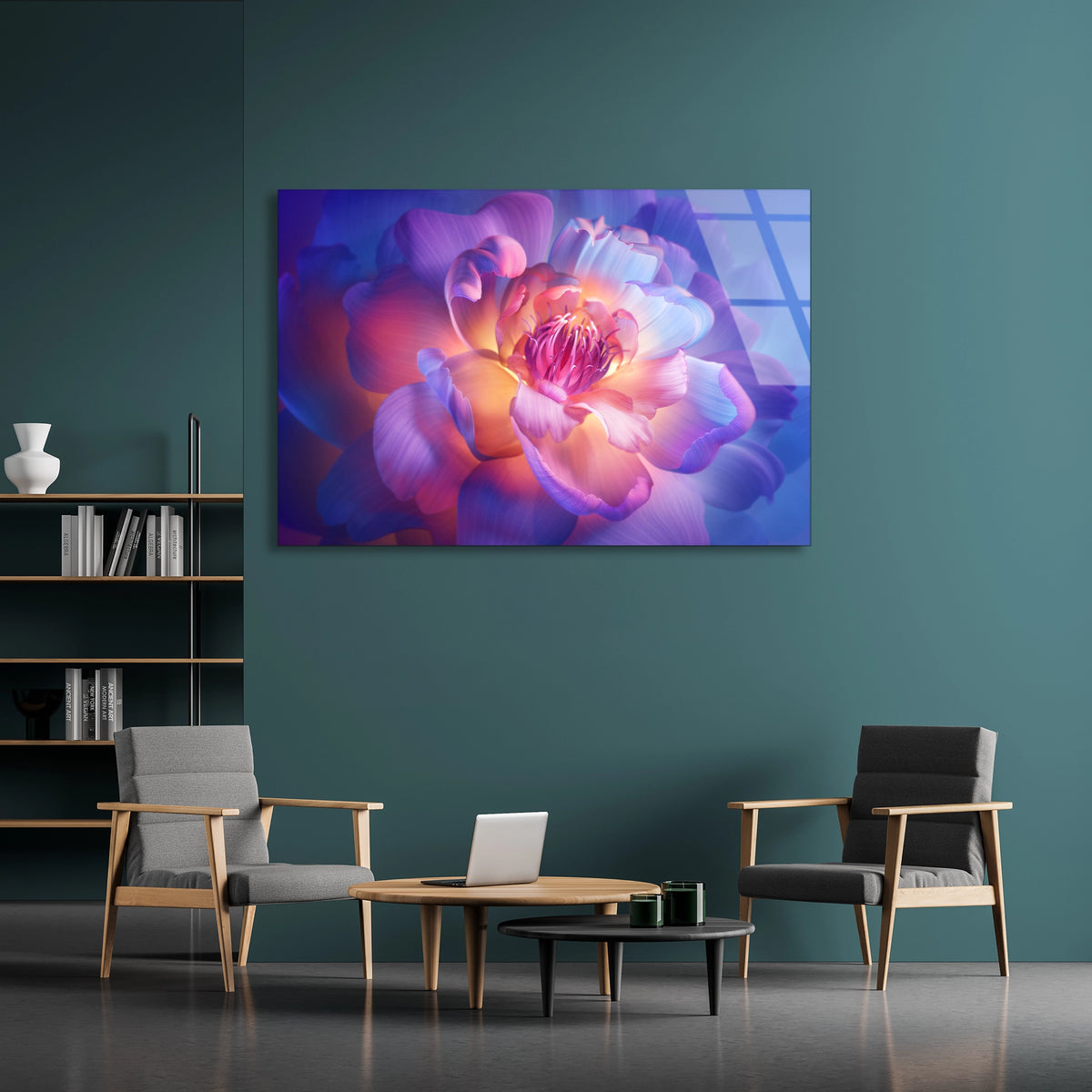 Neon Çiçek Açılımı Cam Tablo