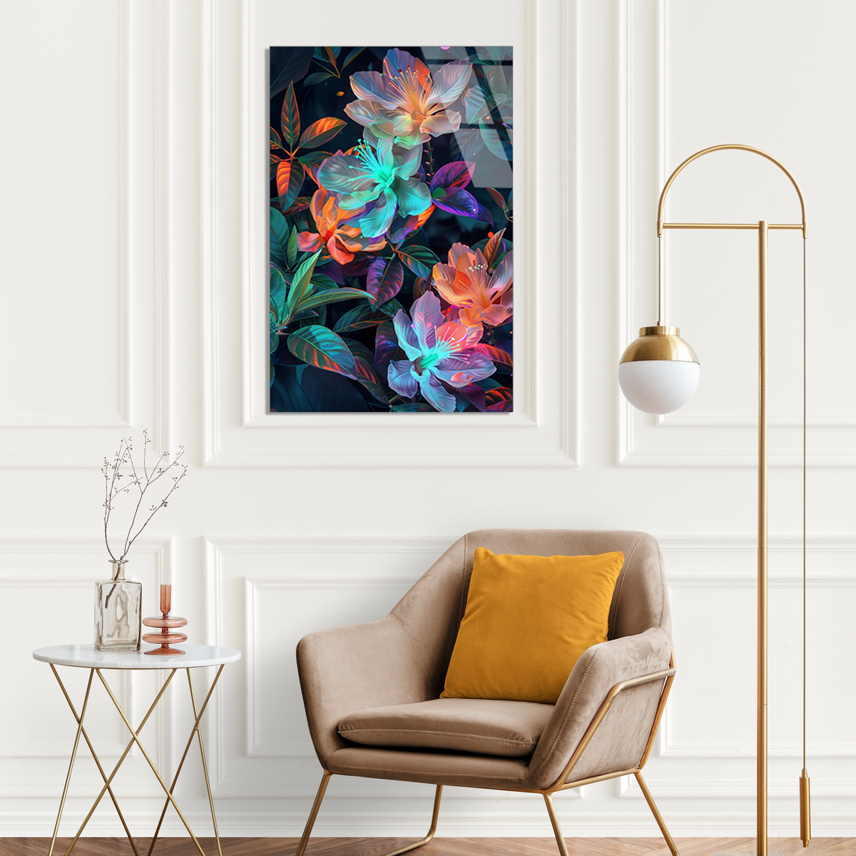 Neon Cicek Deseni Cam Tablo
