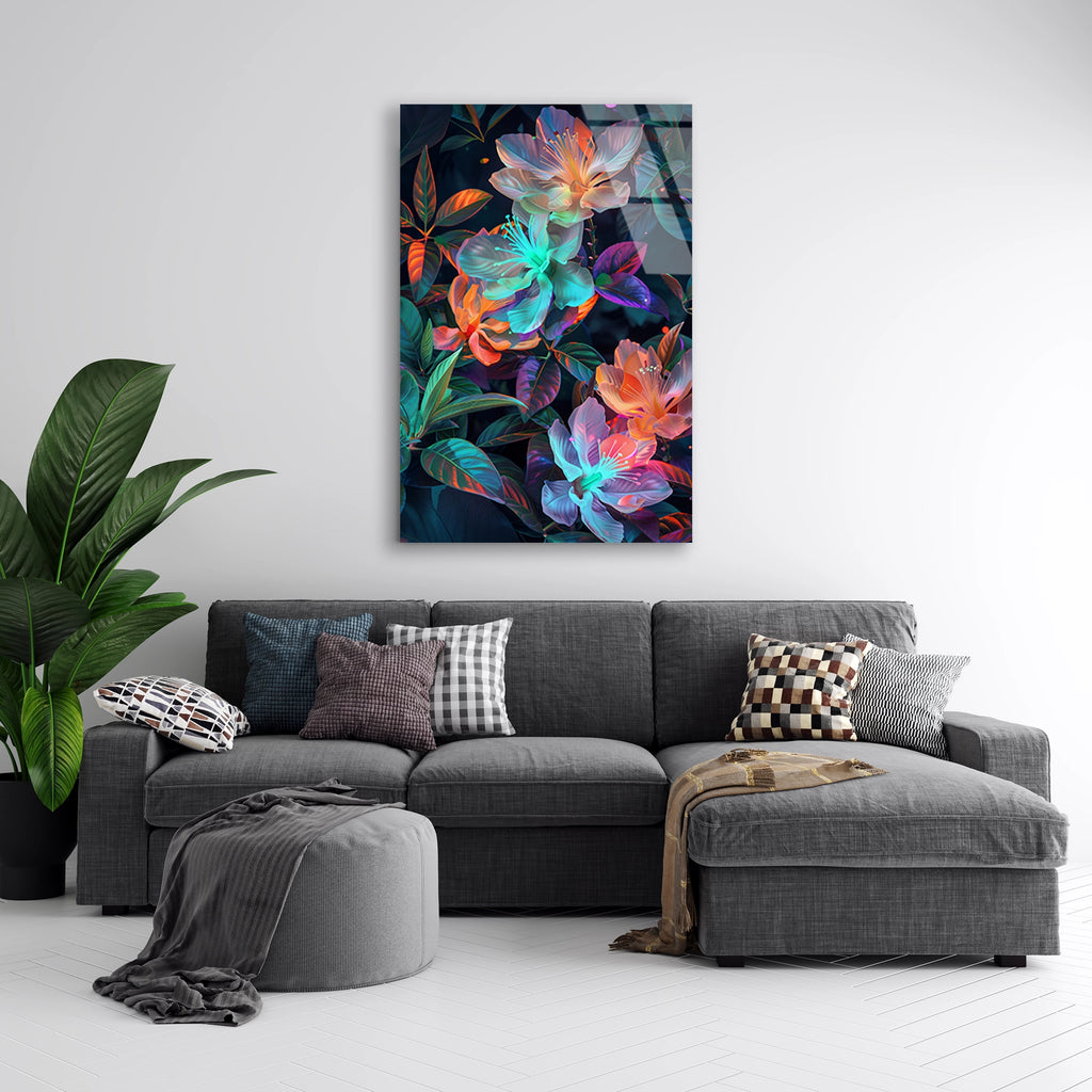 Neon Cicek Deseni Cam Tablo