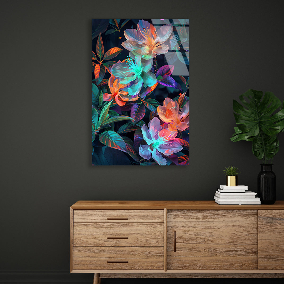 Neon Cicek Deseni Cam Tablo