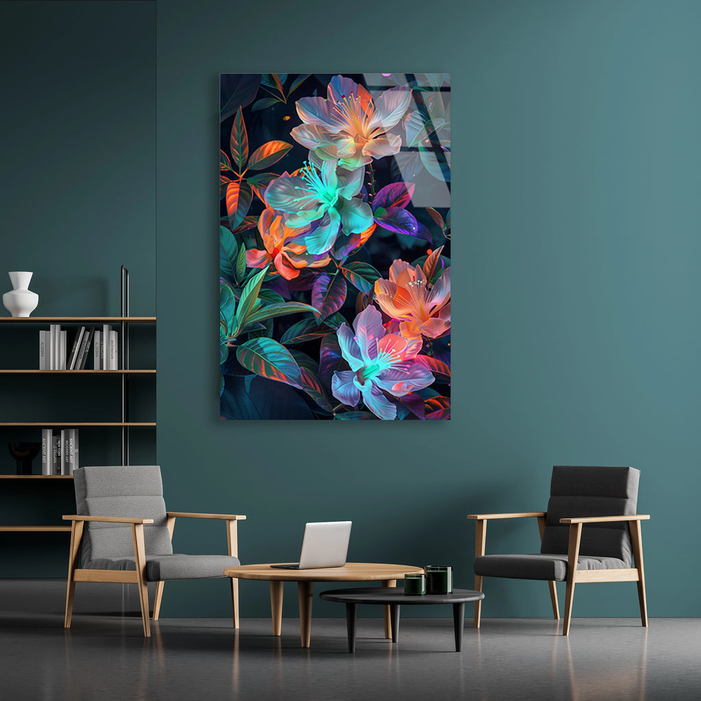 Neon Cicek Deseni Cam Tablo