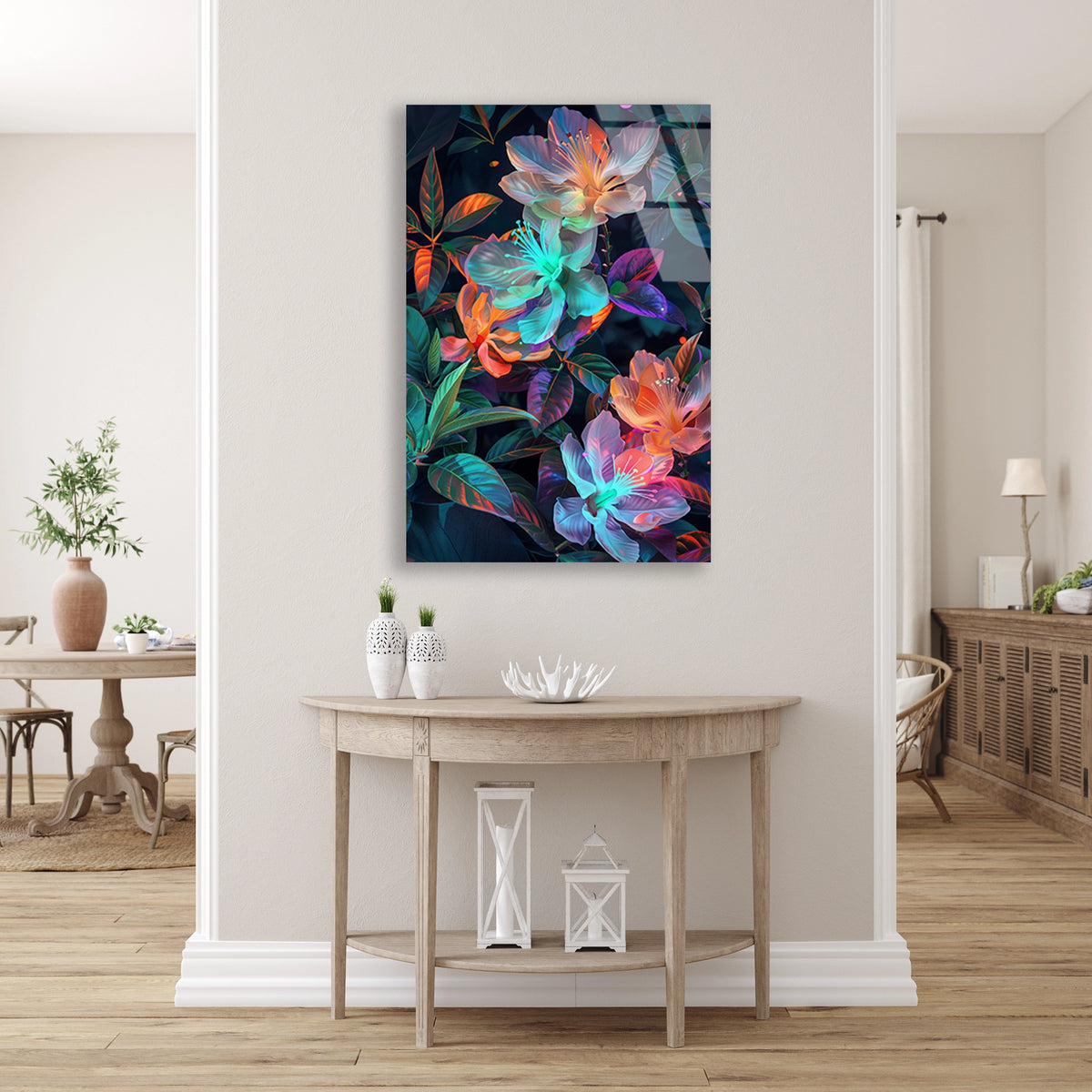 Neon Cicek Deseni Cam Tablo