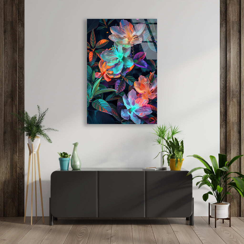Neon Cicek Deseni Cam Tablo