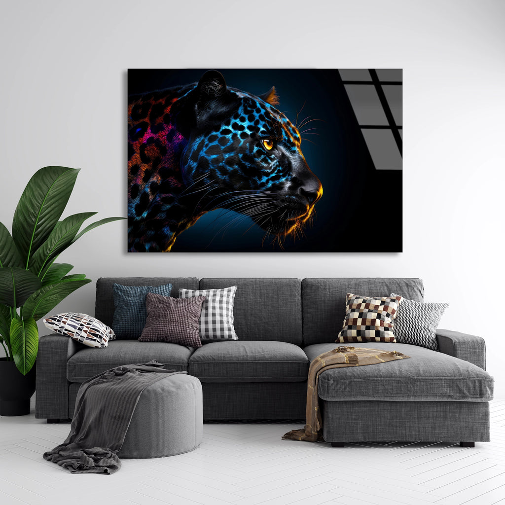 Neon Leopar Başı Cam Tablo