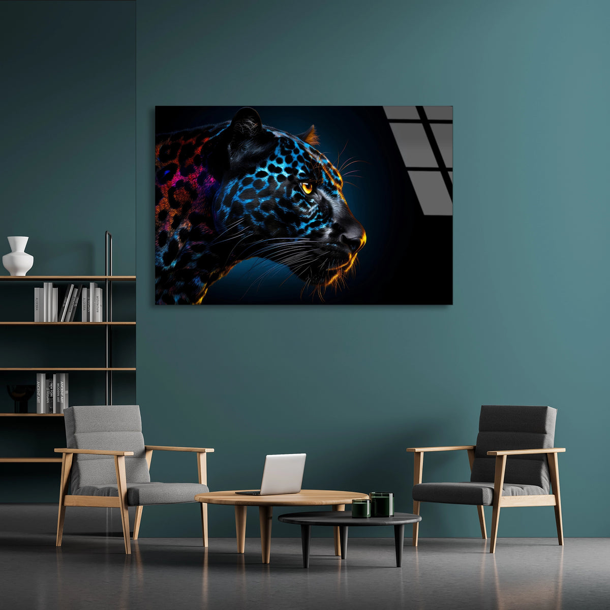 Neon Leopar Başı Cam Tablo
