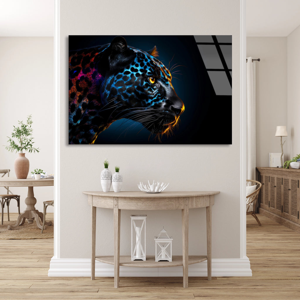 Neon Leopar Başı Cam Tablo