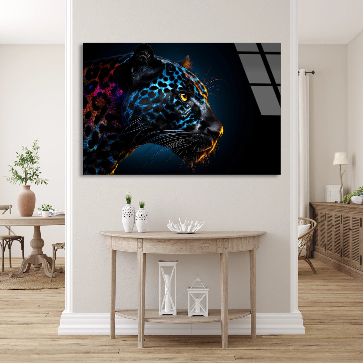 Neon Leopar Başı Cam Tablo