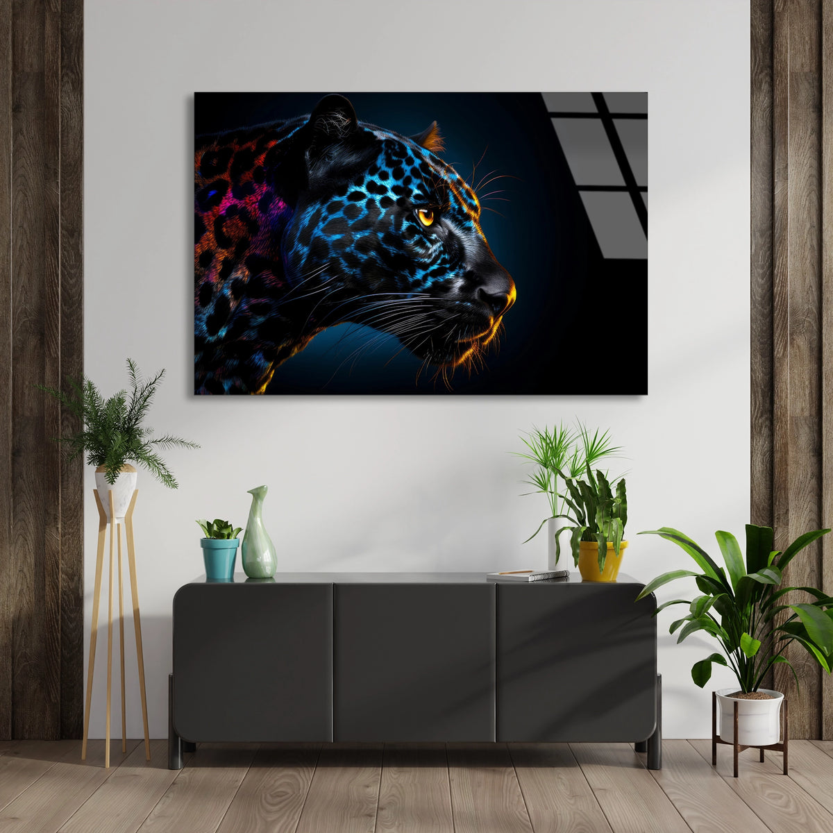 Neon Leopar Başı Cam Tablo