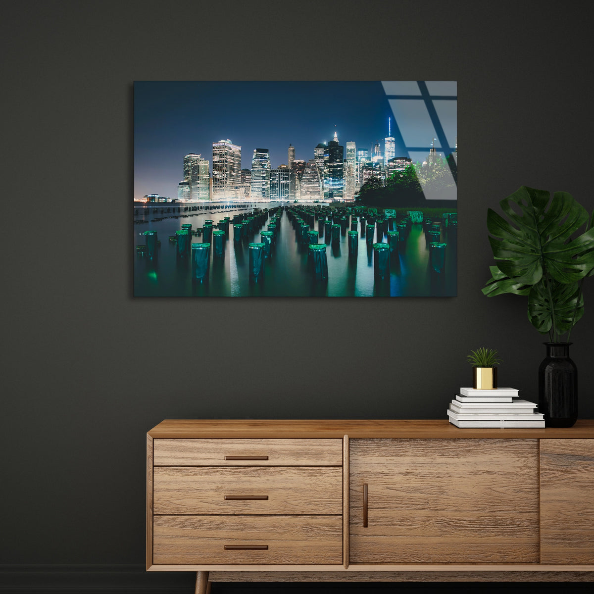 New York Gece Silüeti Cam Tablo