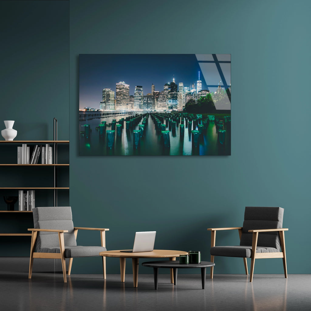 New York Gece Silüeti Cam Tablo