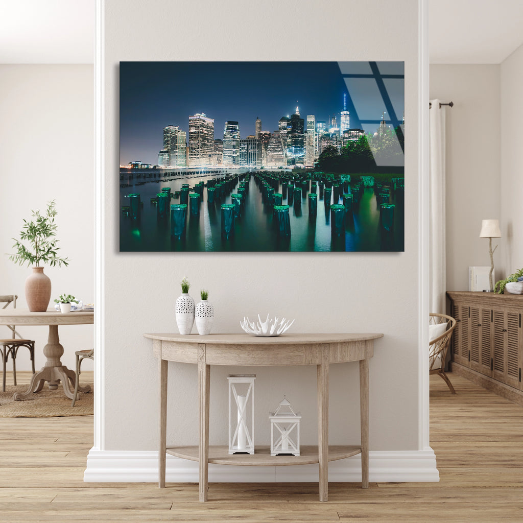 New York Gece Silüeti Cam Tablo