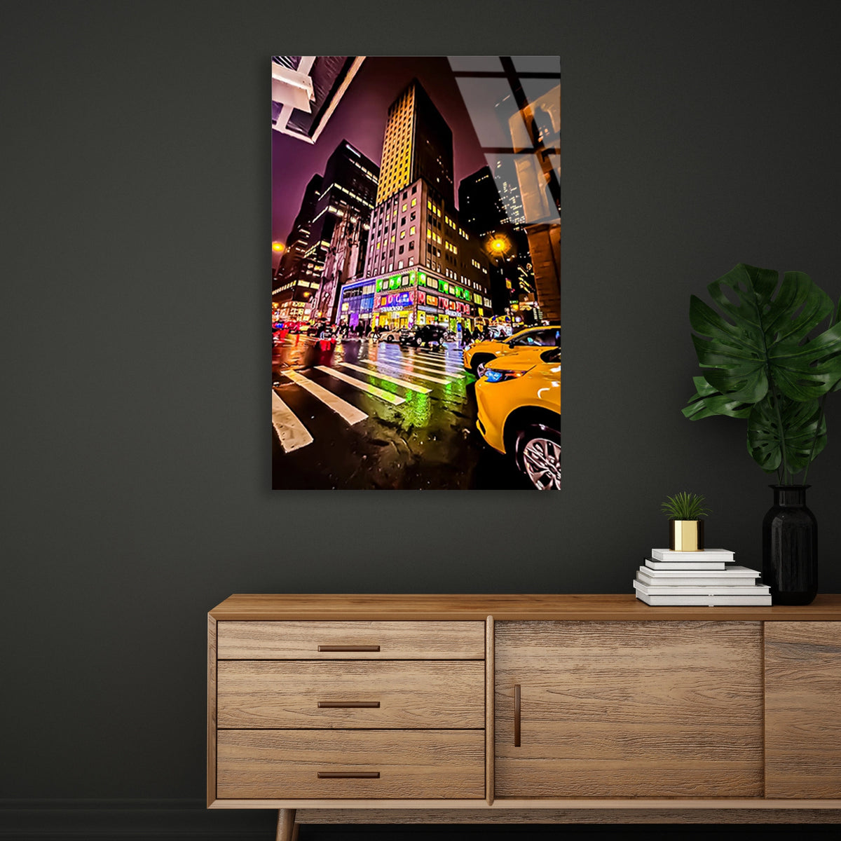 New York Gece Sokak Cam Tablo