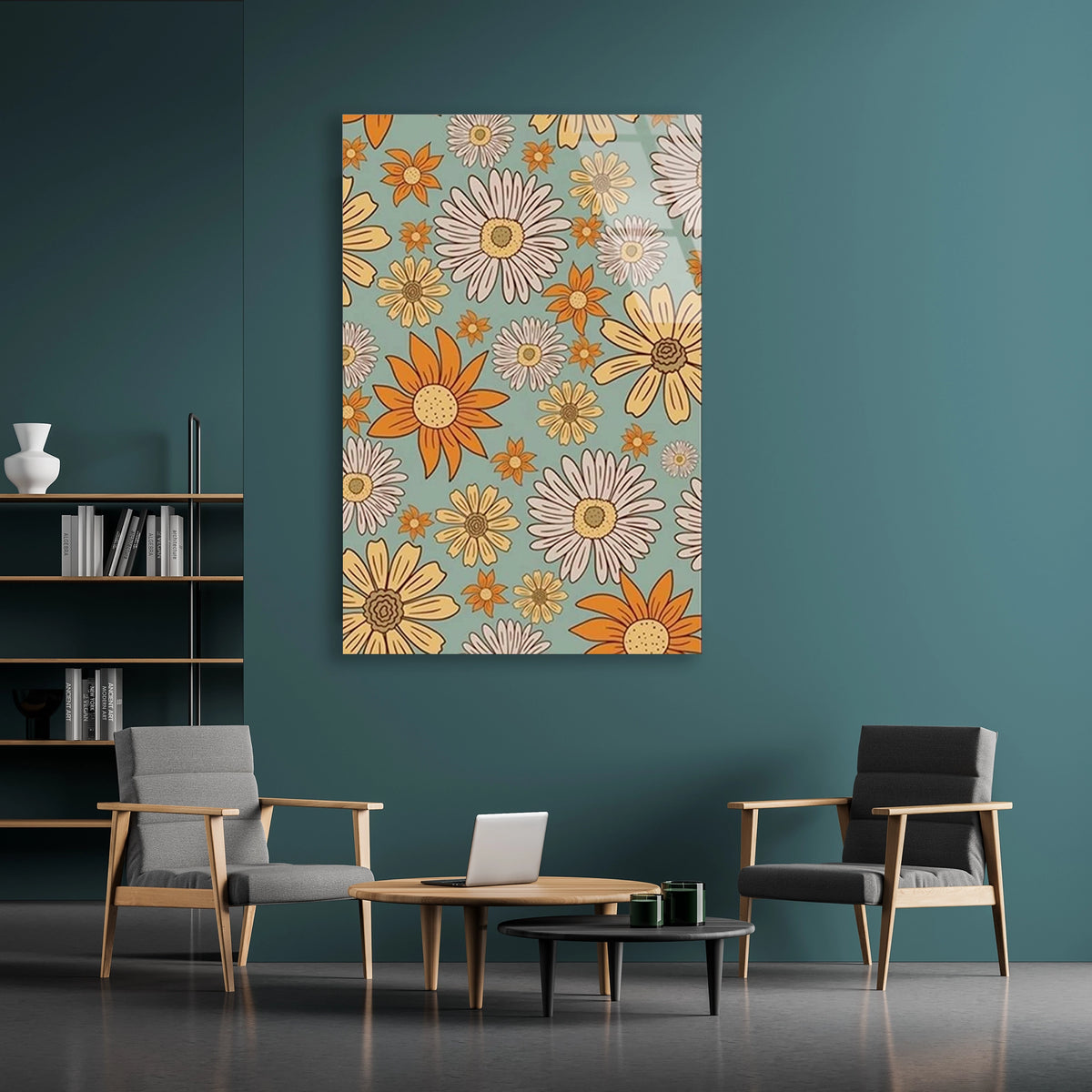 Papatya Cicek Deseni Cam Tablo