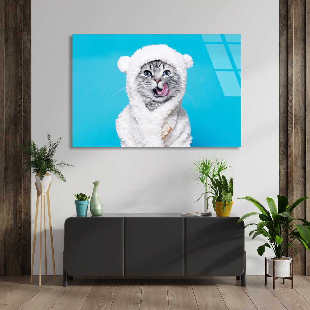 Peluş Kostümlü Kedi Cam Tablo