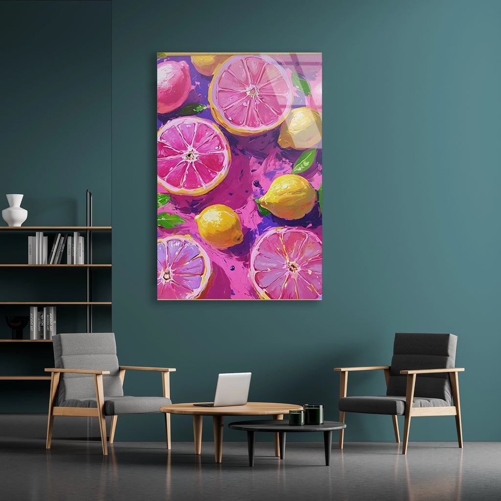 Pembe Greyfurt Limon Deseni Cam Tablo