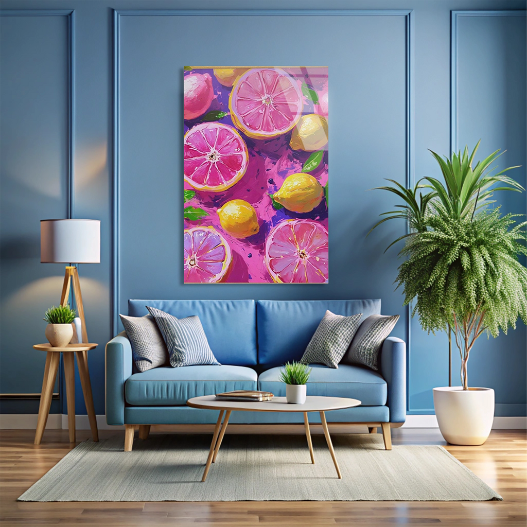 Pembe Greyfurt Limon Deseni Cam Tablo