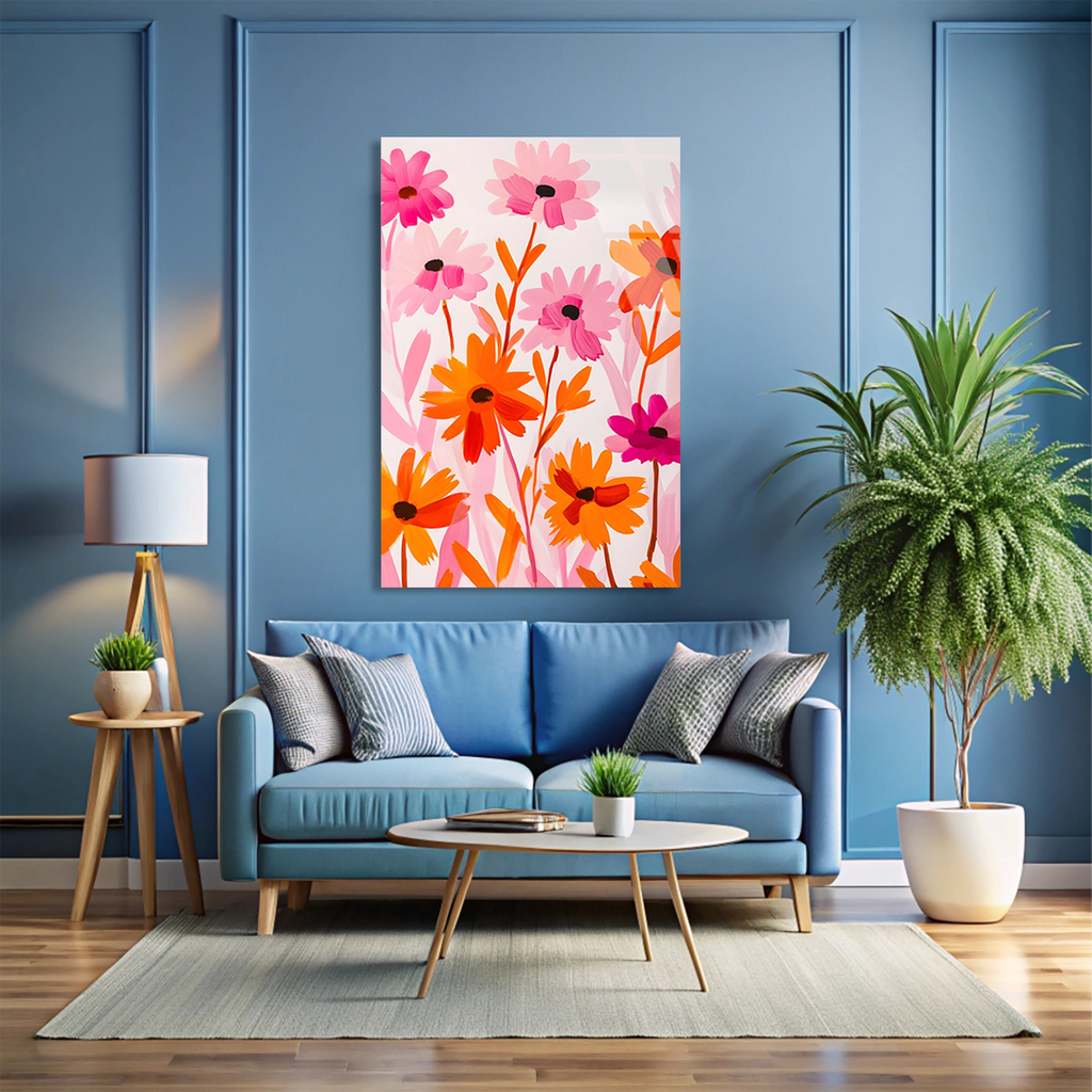 Pembe Turuncu Cicekler Cam Tablo