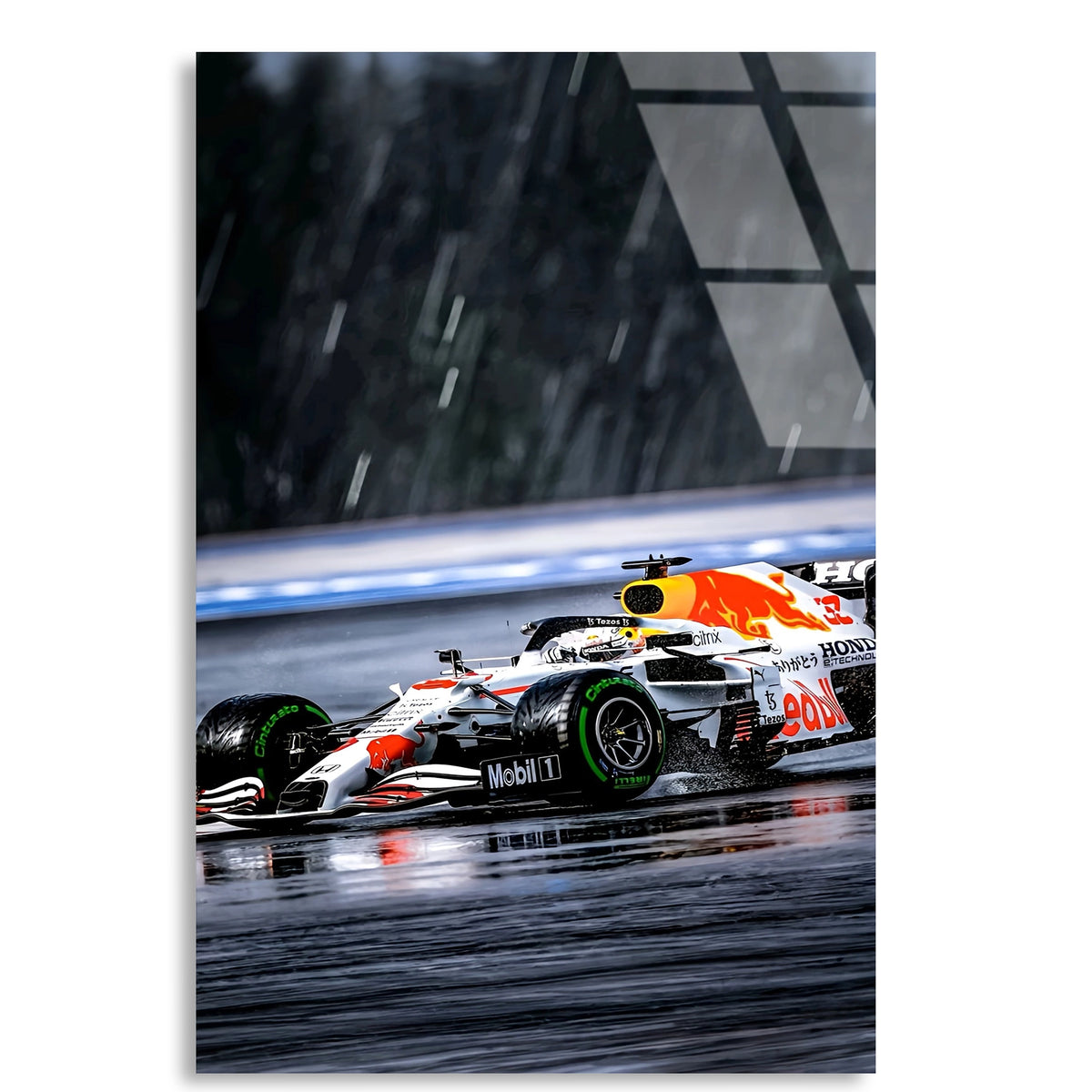 Red Bull Beyaz Livery Yağmurda F1 Cam Tablo – Formula 1 Duvar Dekoru - DEG0857