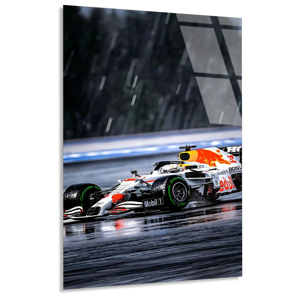 Red Bull Beyaz Livery Yağmurda F1 Cam Tablo – Formula 1 Duvar Dekoru - DEG0857