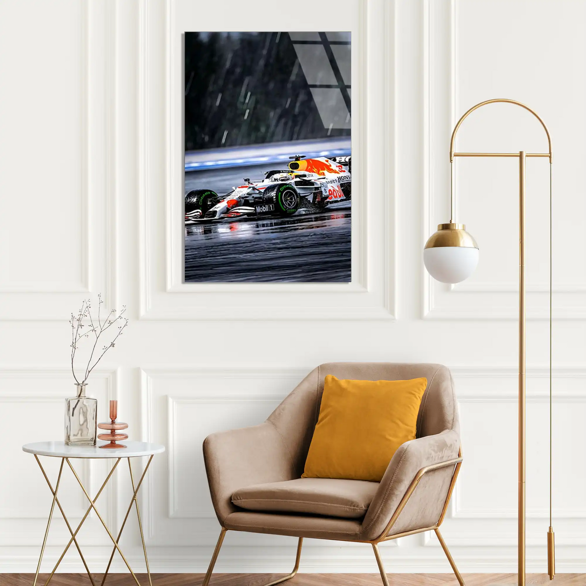 Red Bull Beyaz Livery Yağmurda F1 Cam Tablo – Formula 1 Duvar Dekoru - DEG0857
