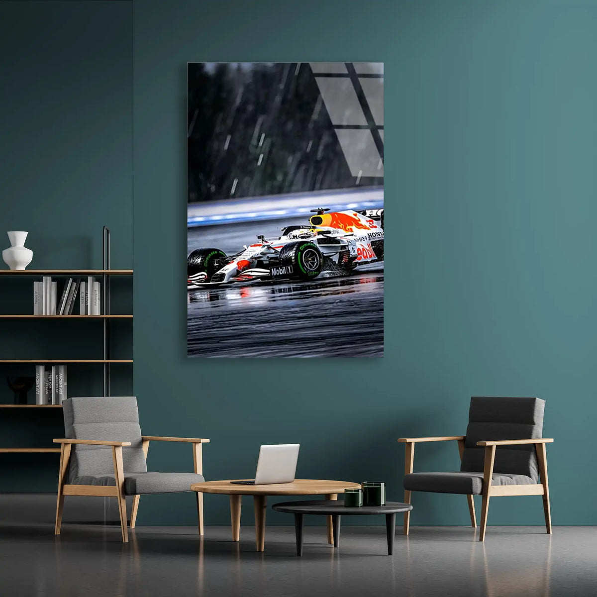 Red Bull Beyaz Livery Yağmurda F1 Cam Tablo – Formula 1 Duvar Dekoru - DEG0857