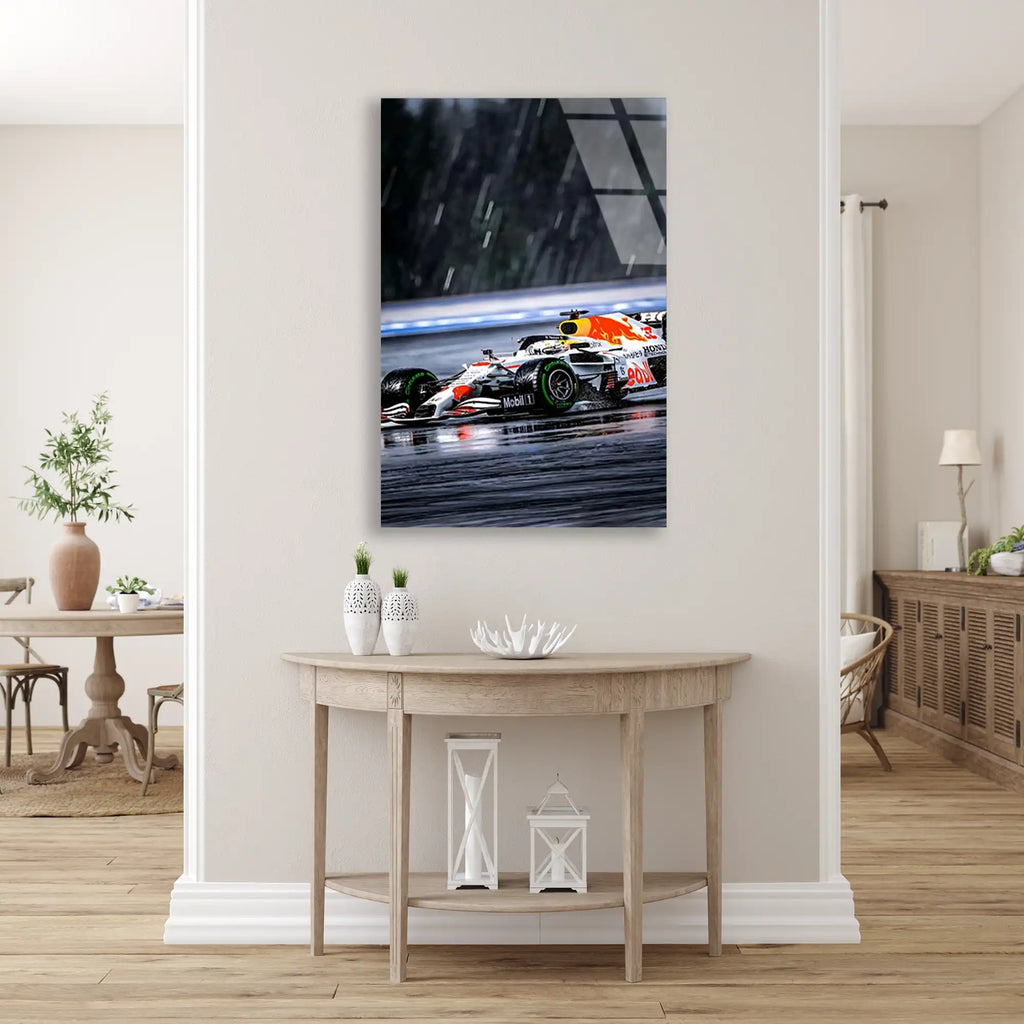 Red Bull Beyaz Livery Yağmurda F1 Cam Tablo – Formula 1 Duvar Dekoru - DEG0857