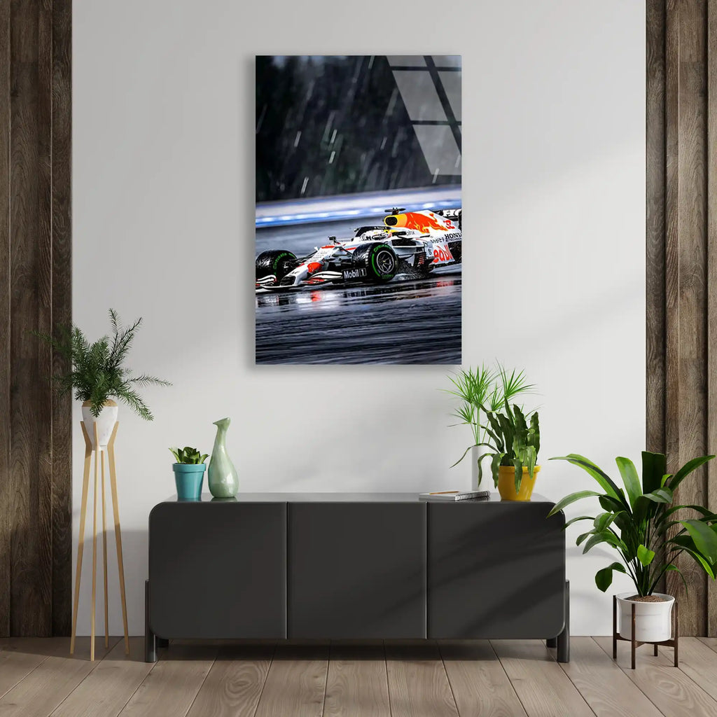 Red Bull Beyaz Livery Yağmurda F1 Cam Tablo – Formula 1 Duvar Dekoru - DEG0857